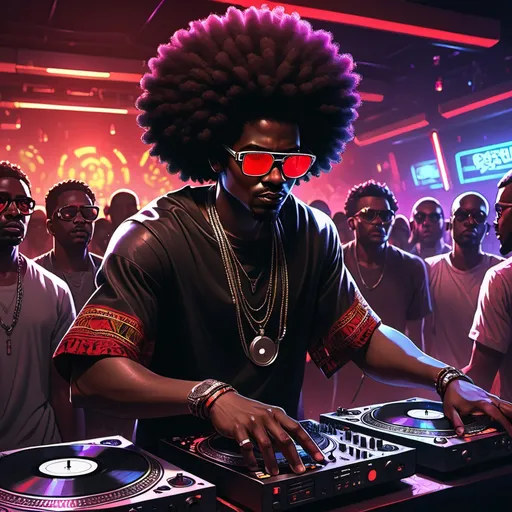 Prompt: Anime cyberpunk style, Short Black man with large afro, red visor glasses, wearing  a Dashiki, leaning over DJ turntables in a faily lit night club, facing a crowd of people dancing, highly detailed, HD, dark background