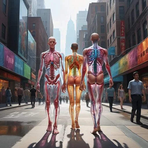 Prompt: Translucent figures walking through city streets, hyper-realistic, see-through skin, visible internal organs, vibrant and colorful, high-res, ultra-detailed, surreal, vibrant colors, urban setting, detailed anatomy, professional lighting, futuristic, transparent bodies, cityscape in the background, bustling streets, detailed organs, lifelike, radiant lighting