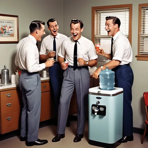 Prompt: Hyper-realistic cartoon of men laughing around water cooler, 1950s vibe, white short sleeve shirts, black ties, dark blue and grey slacks, dress shoes, Herbert Block style, colorful, comedic, detailed facial expressions, vintage office setting, retro color scheme, sharp and vibrant, humorous atmosphere, high quality, hyper-realistic, cartoon, 1950s, vintage, detailed clothing, vintage office, vibrant colors, comedic expressions, retro vibes