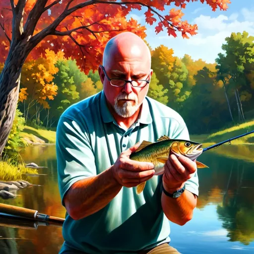 Prompt: Hyper-realistic illustration of a man fishing on the shoreline, colorful trees in the background, fishing pole bending downward, high resolution, hyper-realism, colorful, detailed trees, serene atmosphere, realistic water reflections, lifelike details, professional illustration, peaceful lighting