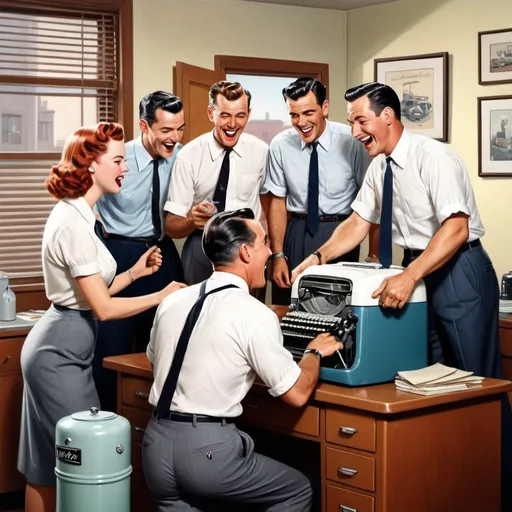 Prompt: Hyper-realistic cartoon of men laughing around water cooler, 1950s vibe, white short sleeve shirts, black ties, dark blue and grey slacks, dress shoes, females typing on old fashioned typewriters, Herbert Block style, colorful, comedic, detailed facial expressions, vintage office setting, retro color scheme, sharp and vibrant, humorous atmosphere, high quality, hyper-realistic, cartoon, 1950s, vintage, detailed clothing, vintage office, vibrant colors, comedic expressions, retro vibes