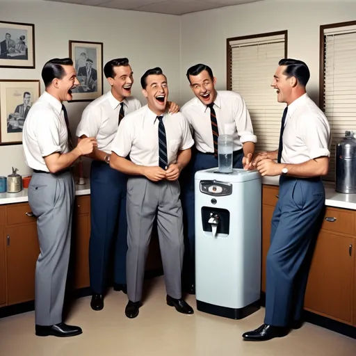 Prompt: Hyper-realistic cartoon of men laughing around water cooler, 1950s vibe, white short sleeve shirts, black ties, dark blue and grey slacks, dress shoes, Herbert Block style, colorful, comedic, detailed facial expressions, vintage office setting, retro color scheme, sharp and vibrant, humorous atmosphere, high quality, hyper-realistic, cartoon, 1950s, vintage, detailed clothing, vintage office, vibrant colors, comedic expressions, retro vibes