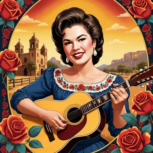 Prompt: Vintage country music album cover featuring Patsy Cline, San Antonio Rose, acoustic guitar, vibrant red, blue, and yellow roses, iconic Alamo backdrop, Bob Wills inspiration, Texas pride, classic illustration style, warm and nostalgic color palette, detailed floral elements, professional rendering, highres, old-school, country music, iconic landmark, vintage vibes, classic country, nostalgic, warm lighting