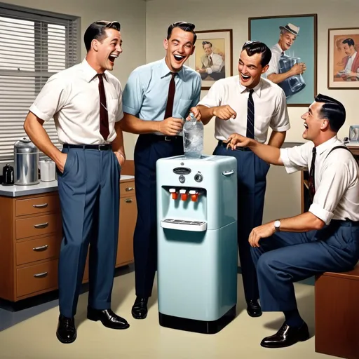 Prompt: Hyper-realistic cartoon of men laughing around water cooler, 1950s vibe, white short sleeve shirts, black ties, dark blue and grey slacks, dress shoes, Herbert Block style, colorful, comedic, detailed facial expressions, vintage office setting, retro color scheme, sharp and vibrant, humorous atmosphere, high quality, hyper-realistic, cartoon, 1950s, vintage, detailed clothing, vintage office, vibrant colors, comedic expressions, retro vibes