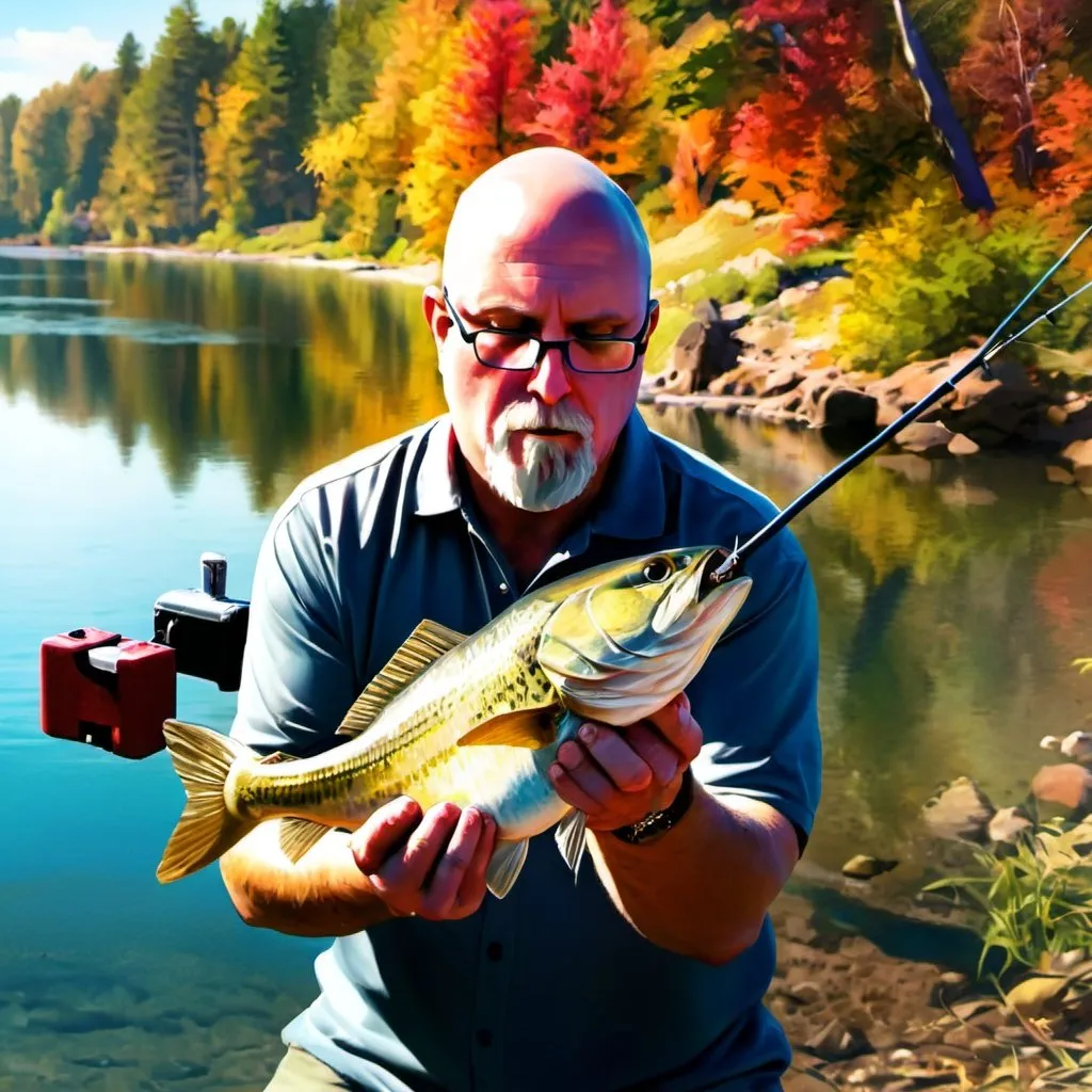 Prompt: Hyper-realistic illustration of a man fishing on the shoreline, colorful trees in the background, fishing pole bending downward, high resolution, hyper-realism, colorful, detailed trees, serene atmosphere, realistic water reflections, lifelike details, professional illustration, peaceful lighting