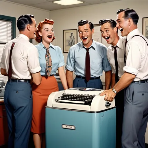 Prompt: Hyper-realistic cartoon of men laughing around water cooler, 1950s vibe, white short sleeve shirts, black ties, dark blue and grey slacks, dress shoes, females typing on old fashioned typewriters, Herbert Block style, colorful, comedic, detailed facial expressions, vintage office setting, retro color scheme, sharp and vibrant, humorous atmosphere, high quality, hyper-realistic, cartoon, 1950s, vintage, detailed clothing, vintage office, vibrant colors, comedic expressions, retro vibes