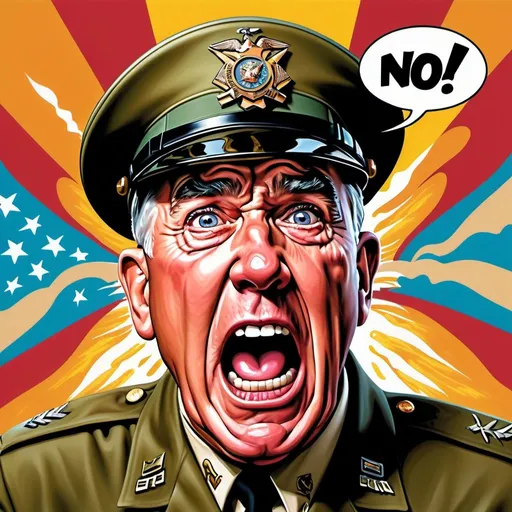 Prompt: R Lee Ermey, angry drill sergeant, shouting, colorful, comedic, speech bubble with 'NO!!!' overhead, highres, vibrant colors, comedic, caricature, detailed facial expressions, bold and dramatic lighting