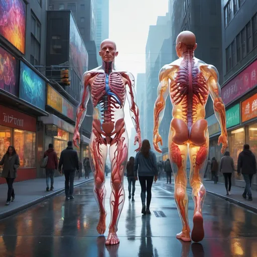 Prompt: Translucent figures walking through city streets, hyper-realistic, see-through skin, visible internal organs, vibrant and colorful, high-res, ultra-detailed, surreal, vibrant colors, urban setting, detailed anatomy, professional lighting, futuristic, transparent bodies, cityscape in the background, bustling streets, detailed organs, lifelike, radiant lighting