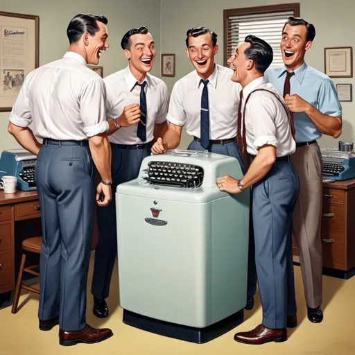 Prompt: Hyper-realistic cartoon of men laughing around water cooler, 1950s vibe, white short sleeve shirts, black ties, dark blue and grey slacks, dress shoes, females typing on old fashioned typewriters, Herbert Block style, colorful, comedic, detailed facial expressions, vintage office setting, retro color scheme, sharp and vibrant, humorous atmosphere, high quality, hyper-realistic, cartoon, 1950s, vintage, detailed clothing, vintage office, vibrant colors, comedic expressions, retro vibes