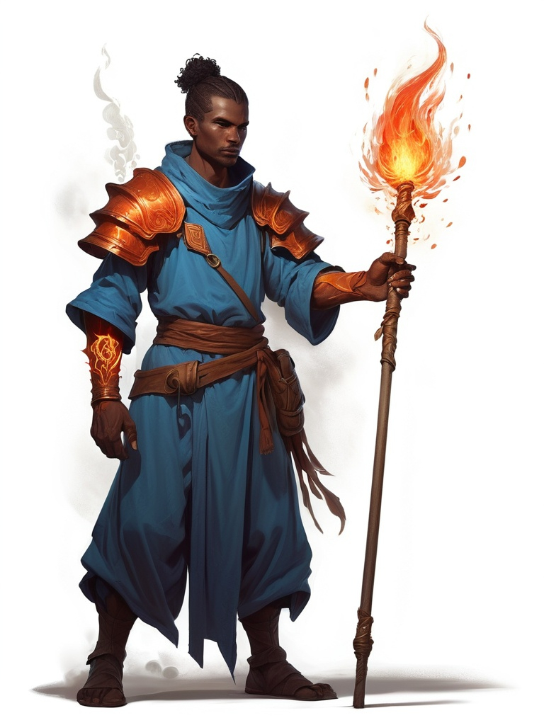 Prompt: a man in a blue outfit holding a staff and a staff of fire on his arm and a staff of fire on his arm, ESAO, fantasy art, epic fantasy character art, concept art