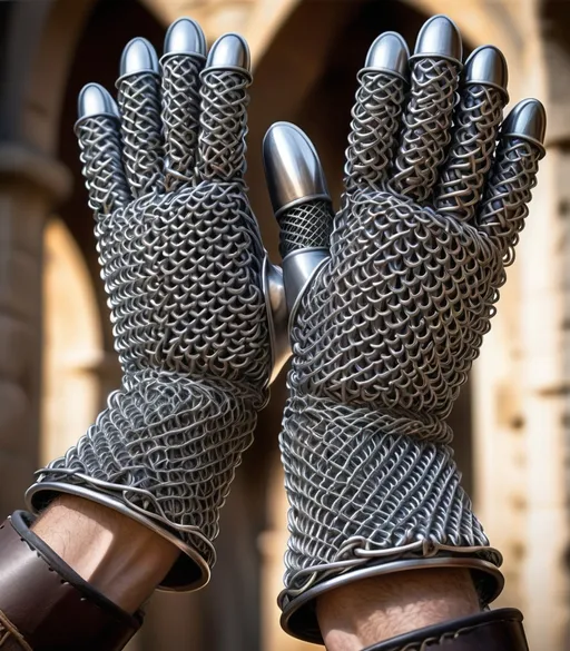 Prompt: A highly detailed and realistic depiction of a pair of chainmail gloves from a medieval armor set. The gloves are made of fine steel rings, tightly woven to provide both flexibility and protection. The rings have a slight sheen, showing their polished finish. The gloves are reinforced with leather along the palms and wrists for added durability. The background features a blurred medieval setting, drawing attention to the gloves as the focal point of the image.