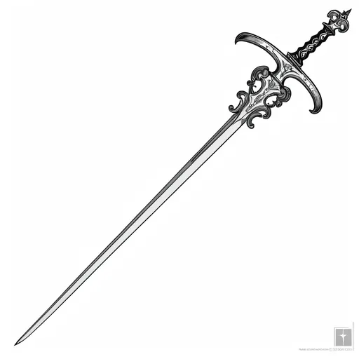 Prompt: a sword with a long blade and a long handle on a white background with a black outline of a person holding a sword, Alesso Baldovinetti, precisionism, sharp foccus ilustration, a flemish Baroque