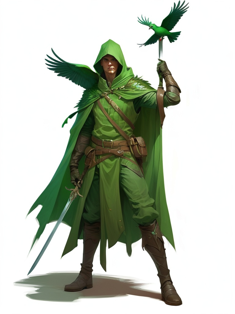 Prompt: a man dressed in a green outfit holding a sword and a bird on his shoulder and a green cloak over his head, Brom, fantasy art, epic fantasy character art, concept art