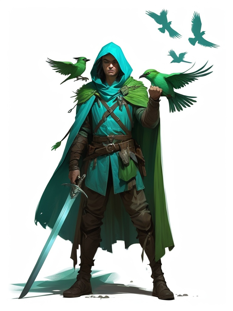 Prompt: a man dressed in a cyan outfit holding a sword and a bird on his shoulder and a green cloak over his head, Brom, fantasy art, epic fantasy character art, concept art