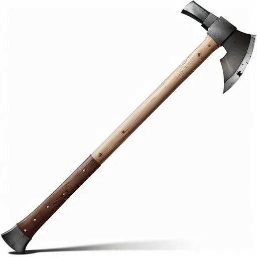 Prompt: a large metal and wood handled axe with a wooden handle and blade on a white background with a clipping for text, Andries Stock, constructivism, warhammer, a digital rendering