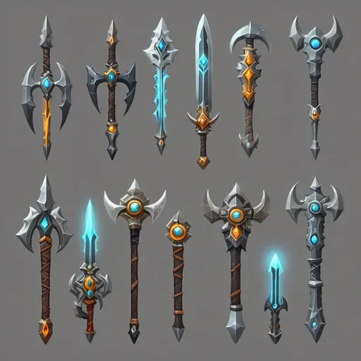 Prompt: fantastic weapons in the style of World of Warcraft, on a plain medium gray background