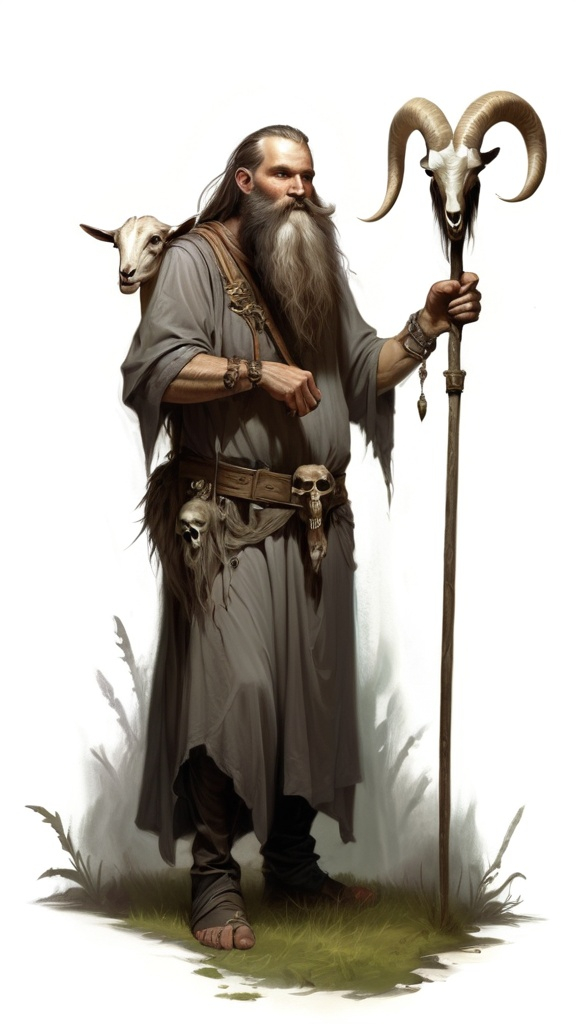 Prompt: a man with a long beard and a long beard holding a staff and a skull on his arm and a goat on his shoulder, Ed Binkley, fantasy art, epic fantasy character art, a character portrait