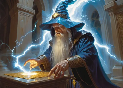Prompt: a painting of a wizard desenchanting a artifact  with a lightning coming out , Donato Giancola, altermodern, magic the gathering artwork, concept art