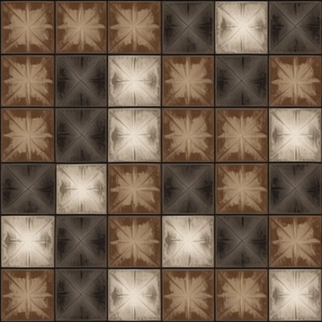 Prompt: a brown and white tile pattern with a black background and a brown and white checkerboard pattern on the bottom, Andor Basch, romanesque, neutral dull colors, computer graphics