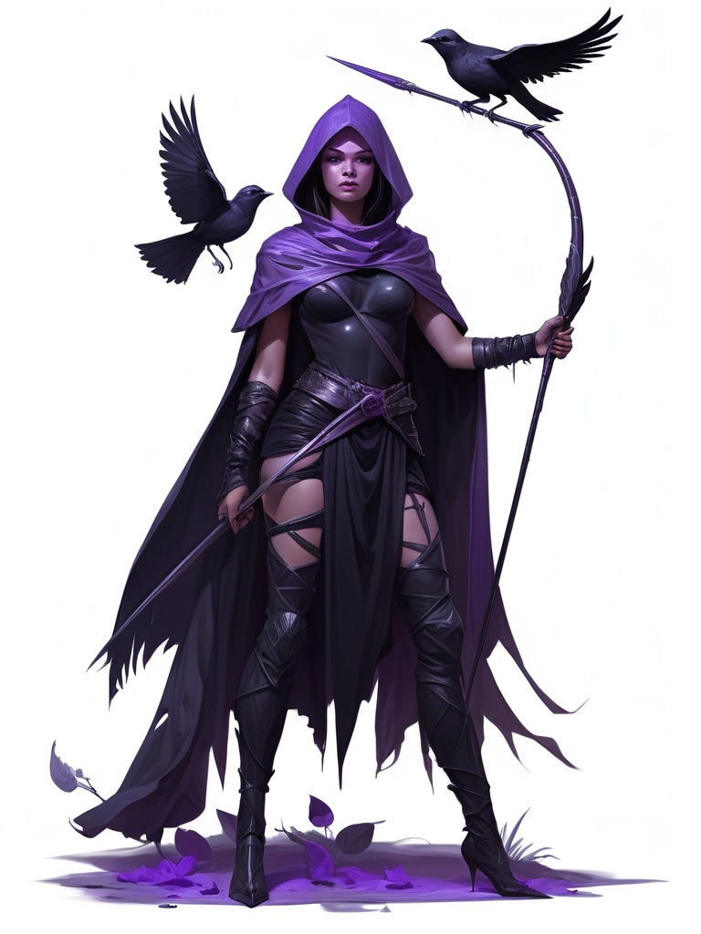 Prompt: a woman dressed in a transparent black outfit holding a spear and a bird on his shoulder and a violet cloak over his head, Brom, fantasy art, epic fantasy character art, concept art