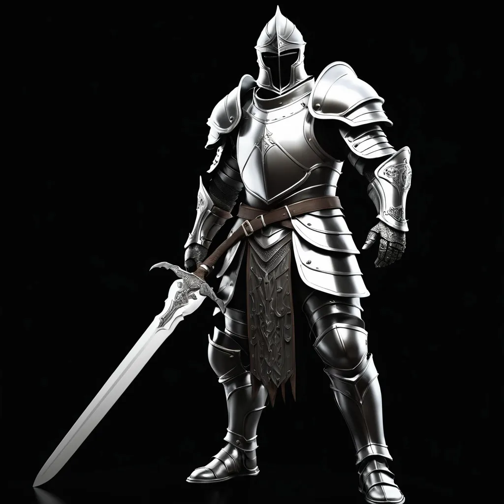 Prompt: a man in armor holding a sword and a sword in his hand, with a black background, in the middle of the image, Clint Cearley, fantasy art, epic fantasy character art, an ambient occlusion render