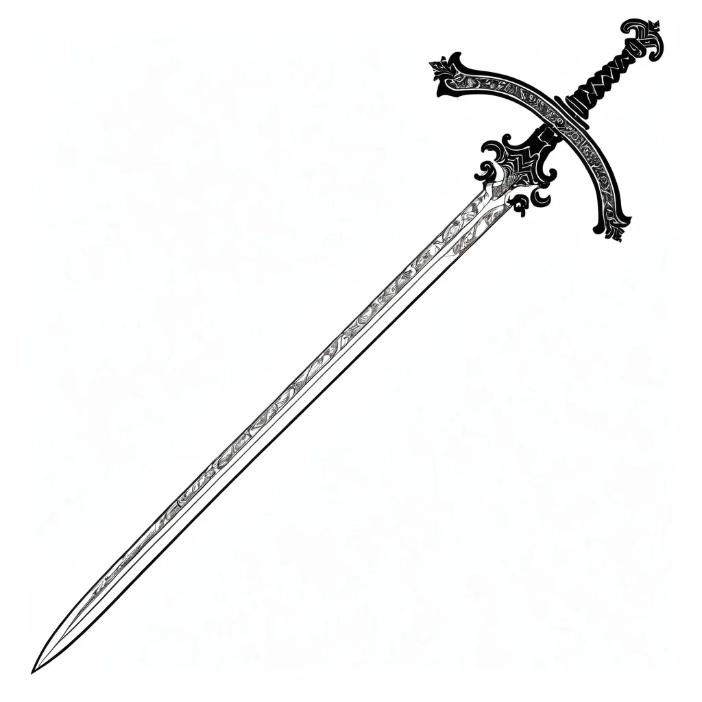 Prompt: a sword with a long blade and a long handle on a white background with a black outline of a person holding a sword, Alesso Baldovinetti, precisionism, sharp foccus ilustration, a flemish Baroque