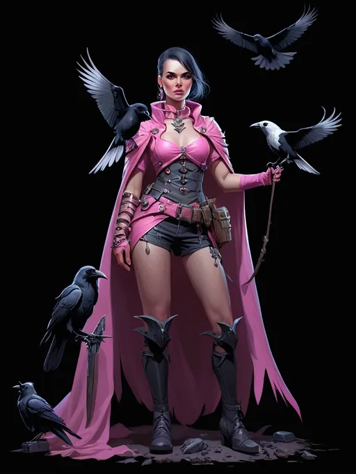 Prompt: a woman in a pink outfit with a bird on her shoulder and a warhammer in her hand, standing in front of a crow, Chris Rallis, fantasy art, epic fantasy character art, concept art