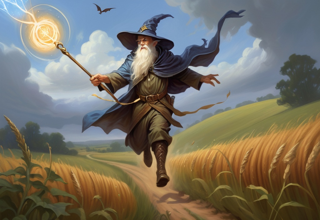 Prompt: a painting of a wizard running through a field with a magic staff in his hand and a draco flying above him, Chris Rahn, altermodern, epic fantasy character art, concept art