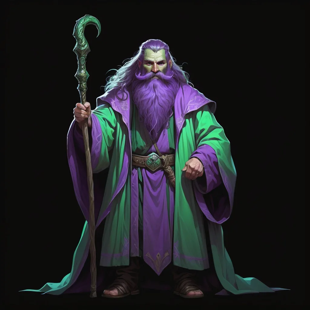 Prompt: a man with a long beard and a long beard holding a staff in his hand and wearing a green and violet robe, Art of Brom, fantasy art, epic fantasy character art, concept art