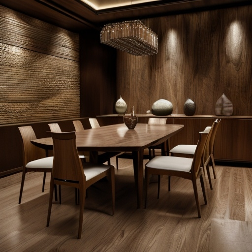 Prompt: photorealistic, (highly detailed), natural walnut, Mid Century Modern dining table, beautifully highlighted wooden grain, (dramatic lighting), dim background, focused illumination, elegant design, minimalist aesthetic, reflecting sophistication, soft shadows, (high-quality 4K), ultra-realistic textures, inviting ambiance, calm atmosphere, showcasing craftsmanship and style.