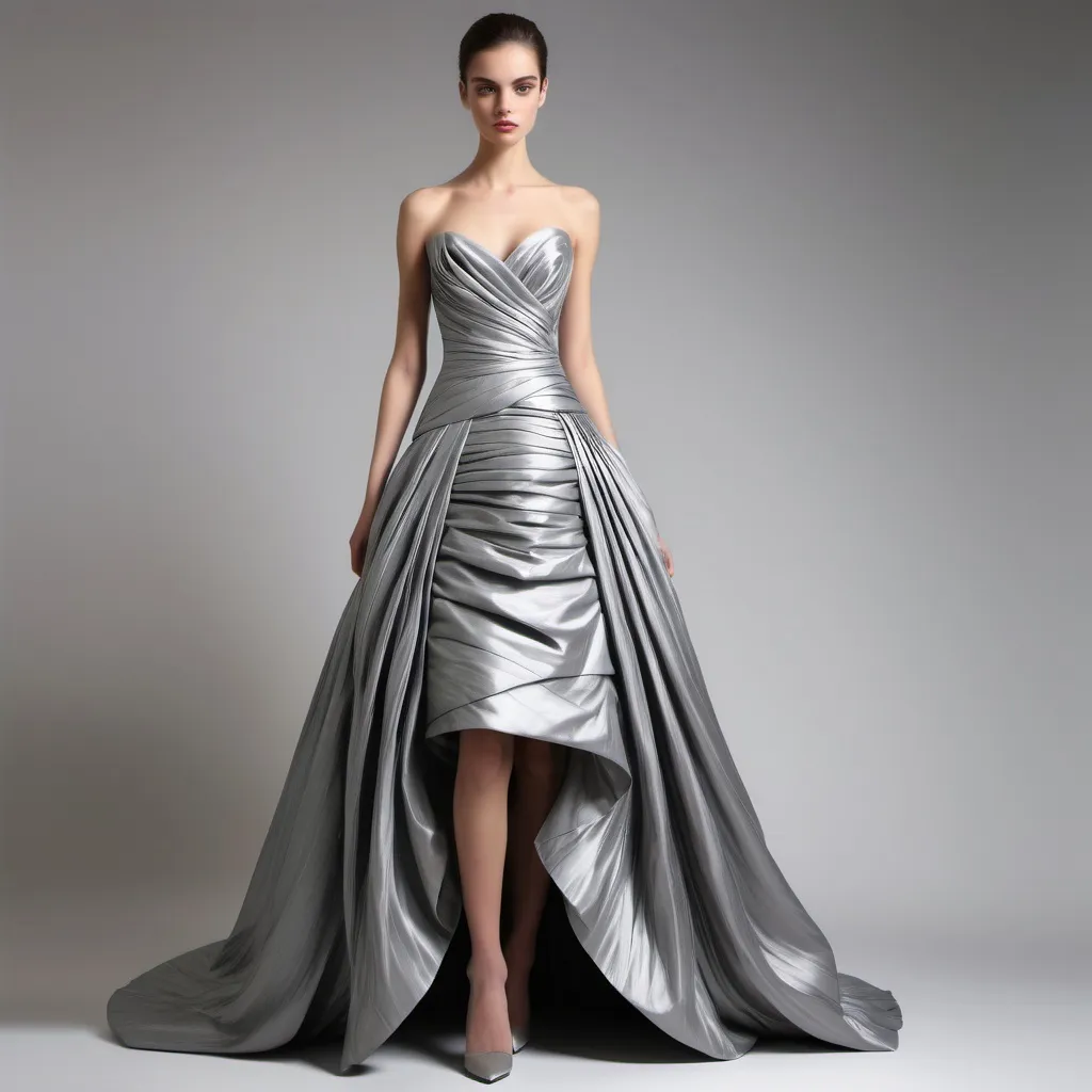 Prompt: (women's silver taffeta dress), elegant cuts and pleats, flowing silhouette, intricately designed chest and bottom, luxe texture,  