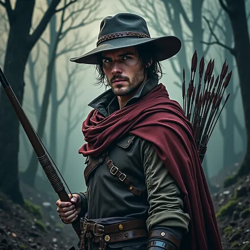 Prompt: (medieval adventurer), wielding a bow and arrow, poised in a rugged landscape, red cape, atmospheric shadows, mysterious ambiance, vibrant earth tones, rugged attire, dynamic expression, sharp focus portrait, intricate background elements showcasing ominous dungeons, classic adventurer's gear, high depth cinematic quality, enchanting yet gritty atmosphere.