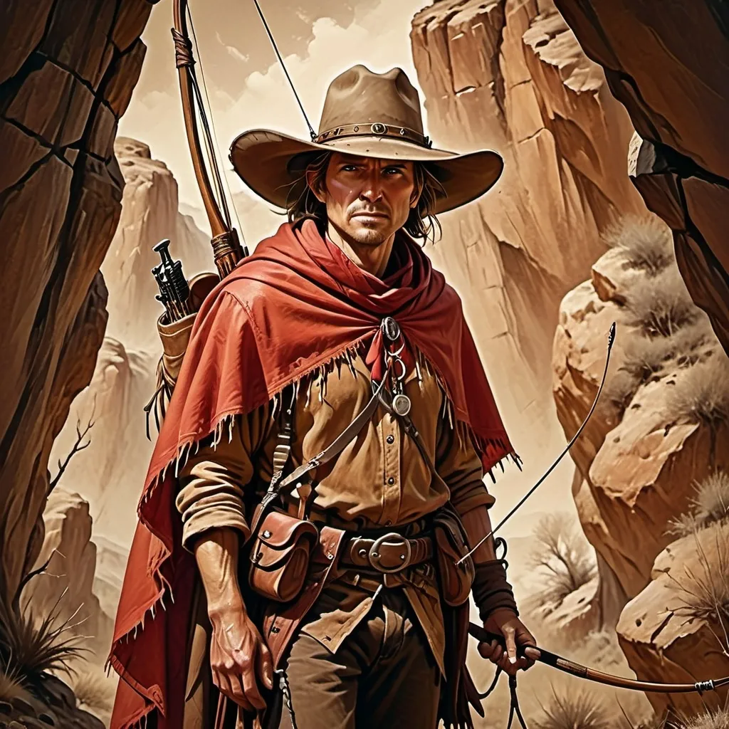 Prompt: Rugged adventurer, long-bow, wearing a red poncho and a wide cowboy hat, (dark color scheme), old sepia western painting style, deep shadows and highlights, captivating atmosphere, textured background resembling rugged landscapes, stern character expression, blending fantasy and western elements, ultra-detailed, high-quality artwork.