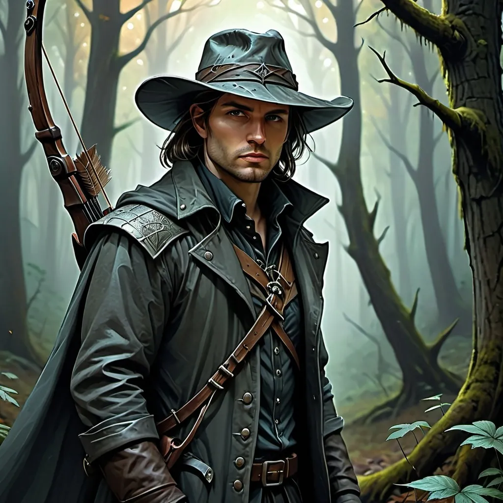 Prompt: Man in a dark forest, (detailed digital painting), (medieval), (adventure gear, long jacket), (hide brim cowboy hat), (holding a bow), eerie ambiance, moody low-light, intricate textures, sharp focus, concept art style, haunting shadows, (artgerm influence), impressive depth, highly atmospheric, captivating scene, rich dark colors, immersive forest backdrop, ultra-detailed, (smooth illustration).