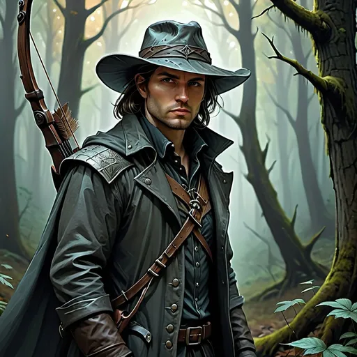 Prompt: Man in a dark forest, (detailed digital painting), (medieval), (adventure gear, long jacket), (hide brim cowboy hat), (holding a bow), eerie ambiance, moody low-light, intricate textures, sharp focus, concept art style, haunting shadows, (artgerm influence), impressive depth, highly atmospheric, captivating scene, rich dark colors, immersive forest backdrop, ultra-detailed, (smooth illustration).