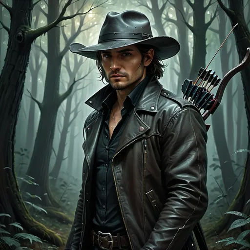 Prompt: Man in a dark forest, (detailed digital painting), (long leather jacket), (hide brim cowboy hat), (holding a bow), eerie ambiance, moody low-light, intricate textures, sharp focus, concept art style, haunting shadows, (artgerm influence), impressive depth, highly atmospheric, captivating scene, rich dark colors, immersive forest backdrop, ultra-detailed, (smooth illustration).