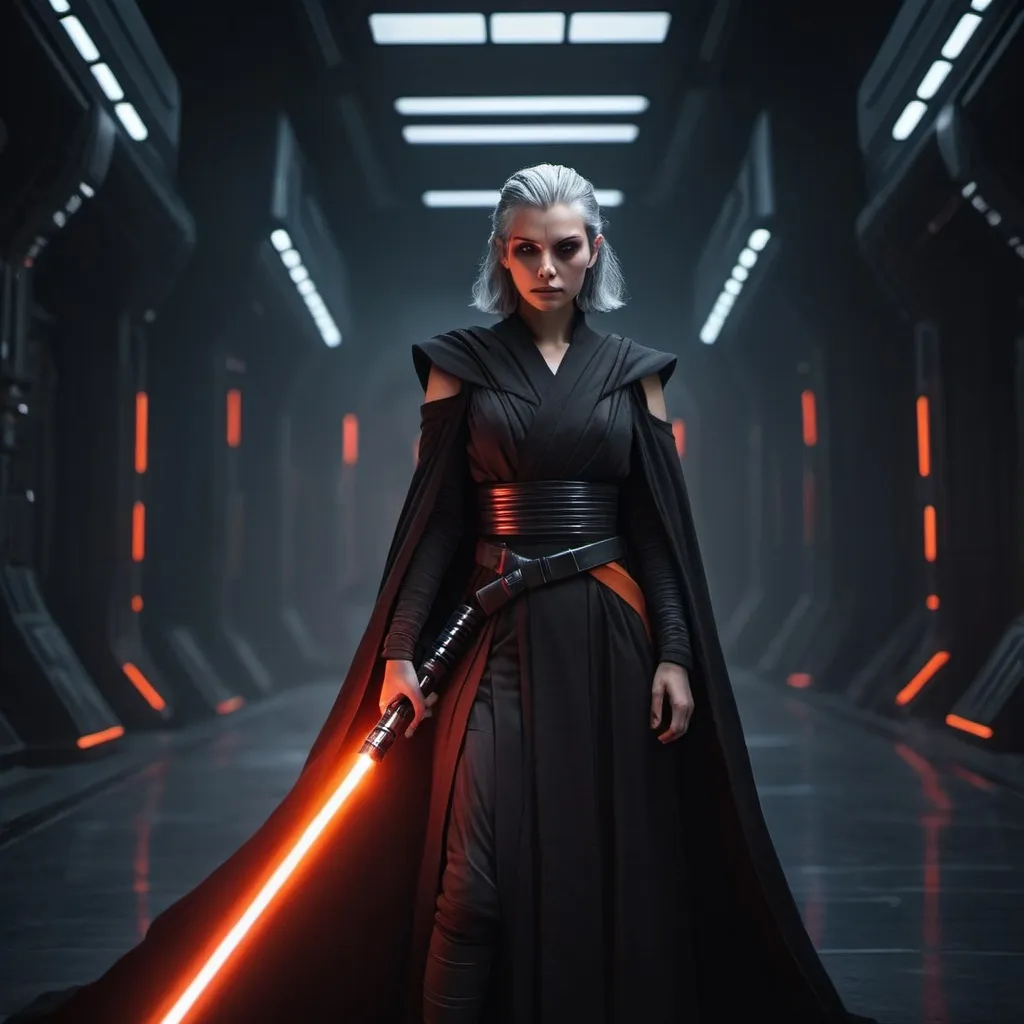 Prompt: Young Sith Women with long tied back grey hair and red eyes, an orange double bladed lightsaber  in her hands and she is wearing black robes with shoulder guards. 