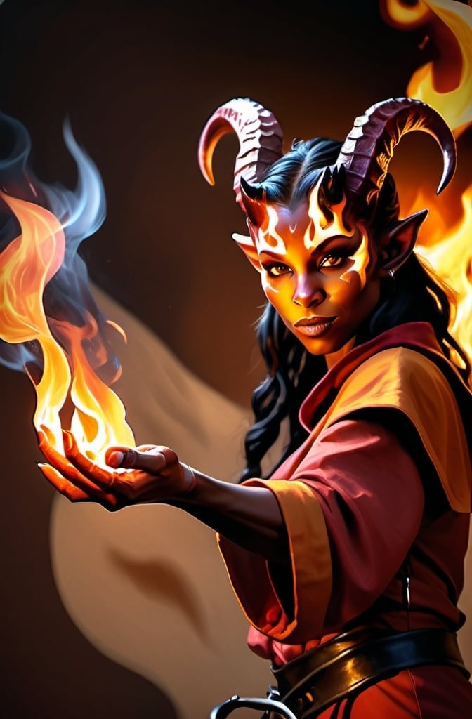 Prompt: hyper-realistic Tiefling character with fire hands, fantasy character art, illustration, dnd, warm tone