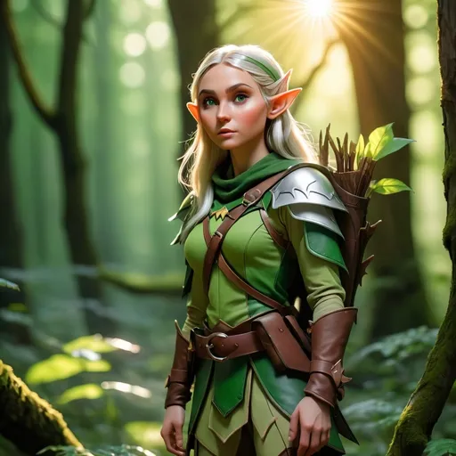 Prompt: Elf ranger in a mystical forest around sunlight