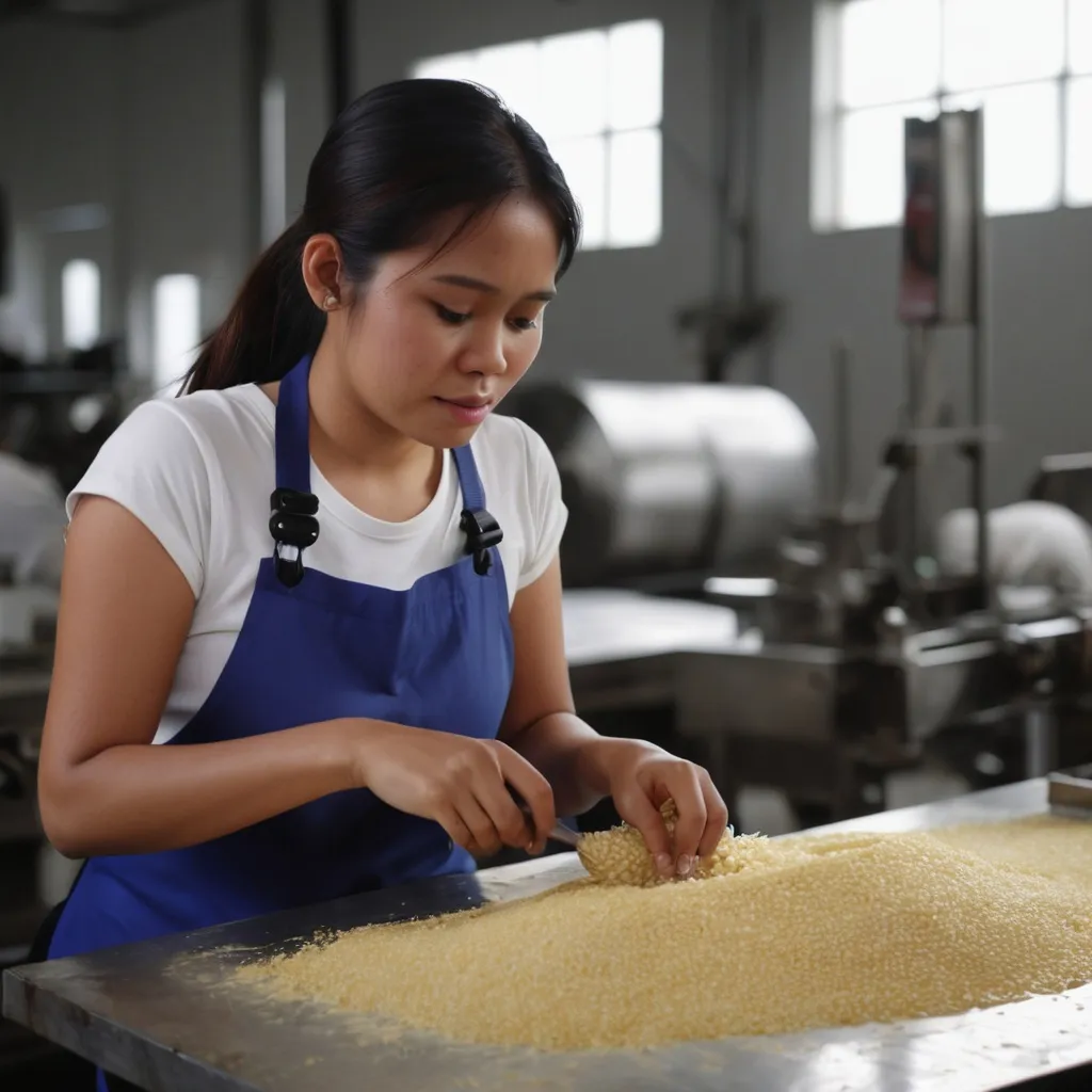 Prompt: young Philippine woman , at work, realistic, natural lighting, food factory