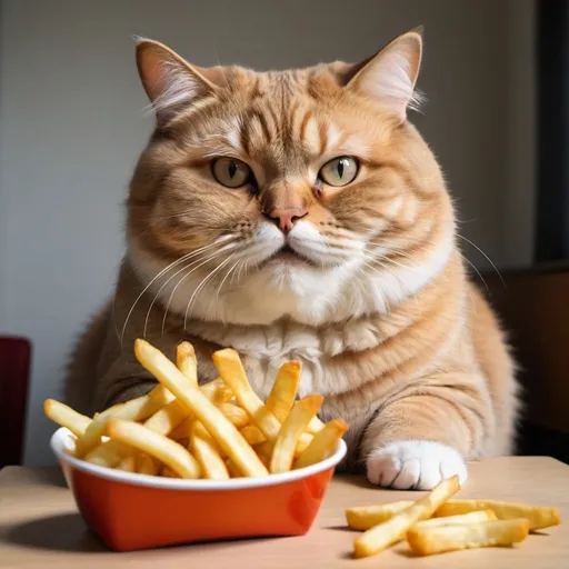 Prompt: Realistic fat cat eating french fries