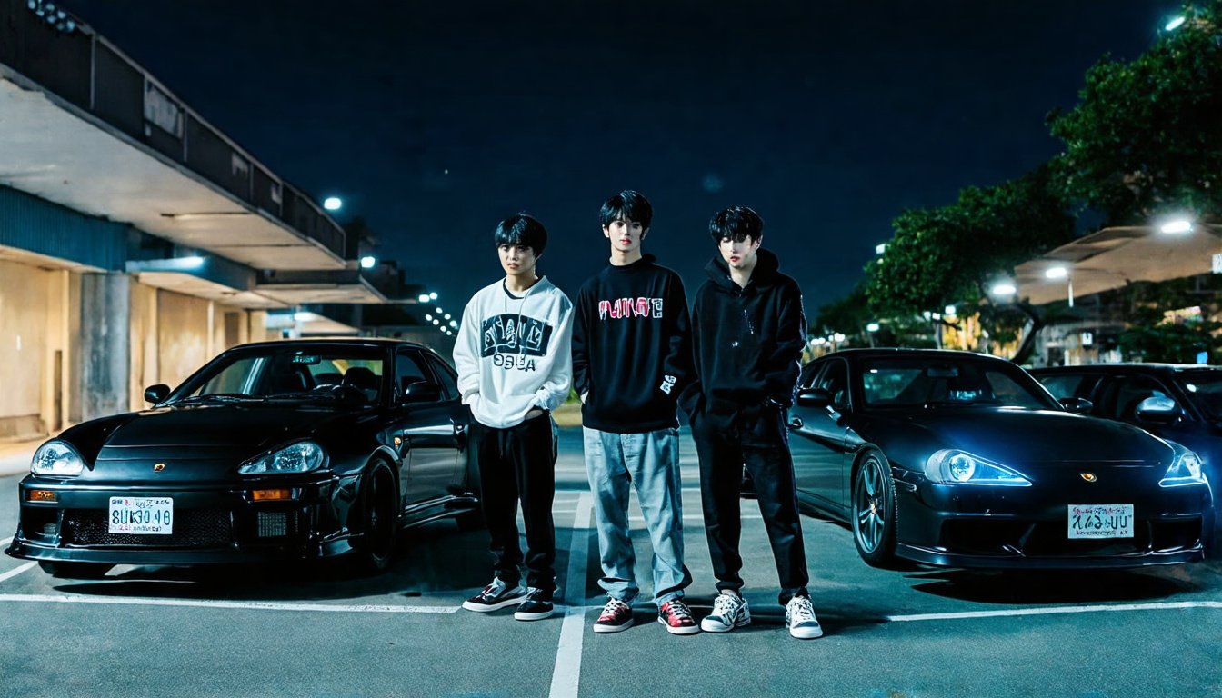 Prompt: nighttime parking lot with Japanese Import cars and young people wearing street wear posing. cinematic lighting.