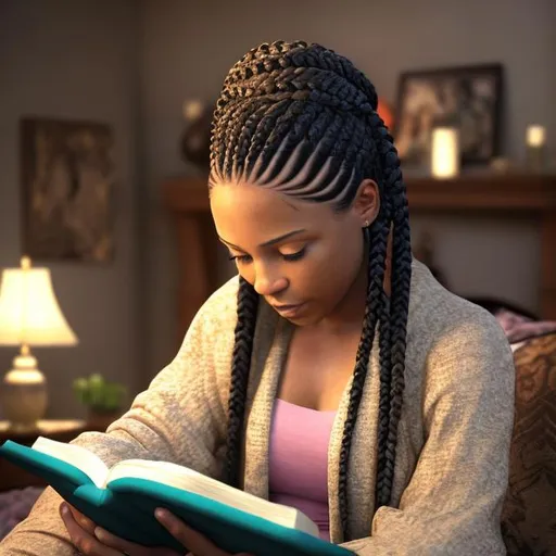 Prompt: Sure! I can help you describe a digital art image an African American woman with braids reading her bible in a warm, cozy living room:

The digital art depicts an African American woman in her mid-30s. She has beautiful braided hair that falls gracefully down her shoulders. The braids are intricately styled, showcasing a sense of cultural pride and heritage. Her warm brown skin tone is illuminated by the soft ambient light in the room.

The woman is seated on a plush, comfortable armchair in a cozy living room. The chair is adorned with cushions in earthy tones, providing a sense of relaxation and peace. The living room has a warm color scheme, with rich wooden furniture and warm lighting creating a welcoming ambiance.

In her hands, the woman holds a well-worn, leather-bound bible, showing her strong connection to her faith. As she sits with crossed legs, her facial expression reveals a calmness and serenity, as she immerses herself in the sacred teachings of her religious text.

The living room is filled with elements that exude comfort and homeliness. Soft blankets are draped over the armchair, while a small side table holds a warm cup of tea or coffee, emanating steam and providing a cozy atmosphere. The walls of the living room are adorned with meaningful artwork, reflecting her beliefs and values.

Through the window, a gentle glow of sunlight penetrates the room, casting a warm hue on the wooden floors. This natural light adds a touch of tranquility and spirituality to the scene, creating a sense of harmony between the woman, her surroundings, and her faith.

Overall, this digital art image encapsulates the tranquility, cultural pride, and spirituality of an African American woman with braids as she finds solace and peace while reading her bible in a warm, cozy living room.