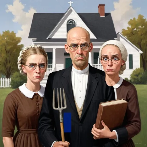 Prompt: A man and 1 woman in front of a big american house. The man is bald, has glasses and is wearing a traditional christian black suit to go to church. He is holding a pitchfork. The woman has blonde hair tied up in a knot, is standing next to him and is wearing a brown dress with long sleaves. Underneath the dress she is wearing a tshirt with a white collar. Both of them have disgusted facial expressions, a wrinkly nose, raised upper lip, narrowed eyes and lower eyebrows. Make it look like it is painted.