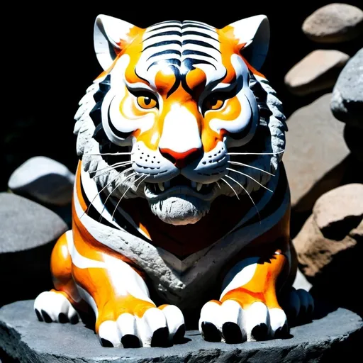 Prompt: head on view of epic oriental tiger that is made of rocks and earth