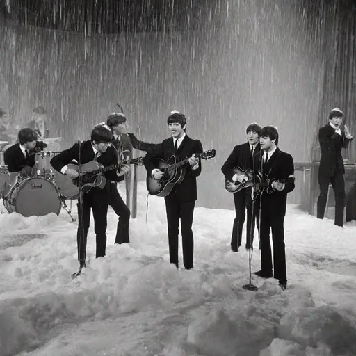 Prompt: The Beatles on the Ed Sullivan show with snow pouring down.
