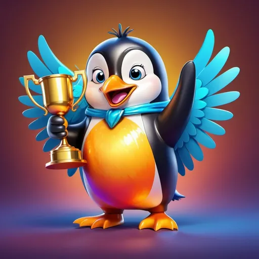 Prompt: Cartoon penguin holding shiny trophy in wings, vibrant colors, high quality, cartoon style, trophy with golden shine, detailed fur, playful expression, vibrant and warm lighting