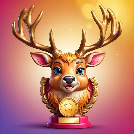 Prompt: Cartoon buck with shiny trophy in antlers, vibrant colors, high quality, cartoon style, trophy with golden shine, detailed fur, playful expression, vibrant and warm lighting