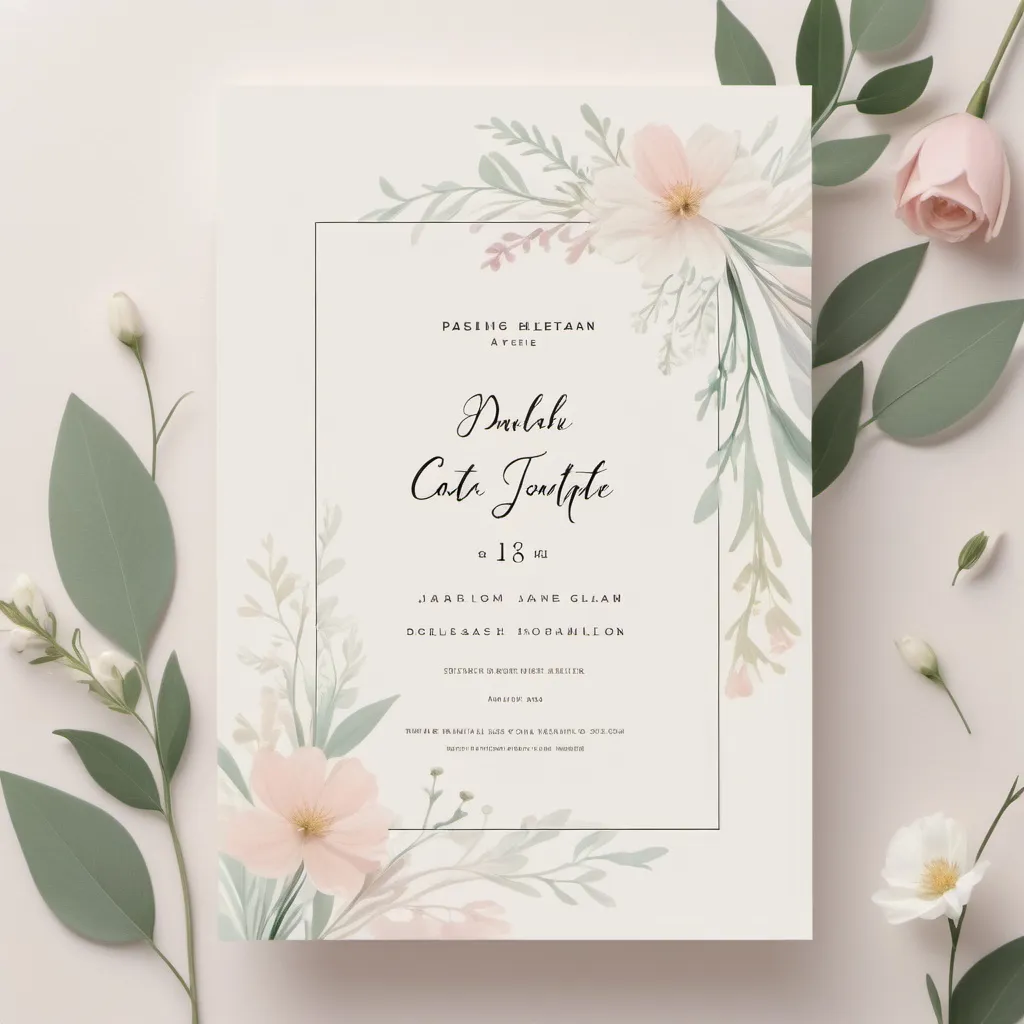 Prompt: Minimalist wedding invitation template with garden theme, simple and elegant design, clean lines, minimal details, soft pastel color palette, delicate floral elements, airy and serene atmosphere, high quality, minimalist style, garden theme, elegant design, clean lines, soft pastel colors, delicate florals, airy atmosphere