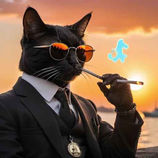 Prompt: Mafia cat with sunglasses smoking weed and dressed in black, with sunset in the background